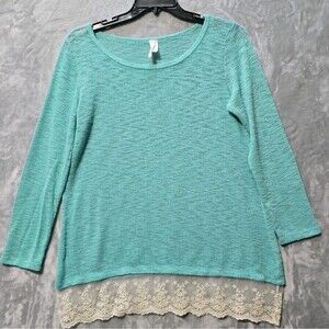 Now N Forever Womens Open Knit See Through Sweater Mint Green Large Lace Hem